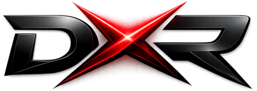 Digital X Rise DXR logo with metallic black letters and a glowing red X mark on a transparent background.