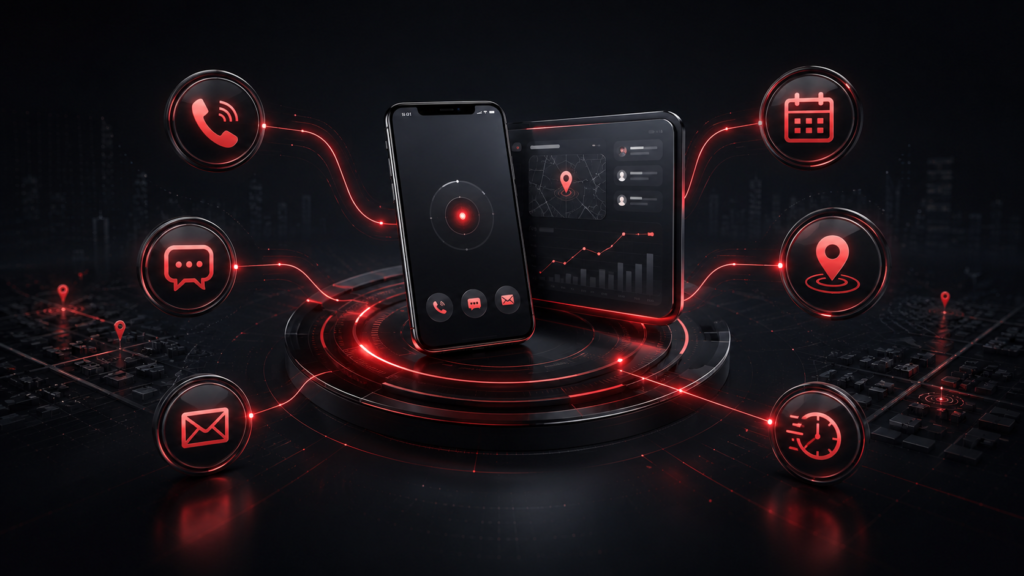 Digital X Rise Contact Communication Hub Digital X Rise contact page hero image showing a phone, messages, email, booking, location, and fast response icons connected through a red digital communication system.