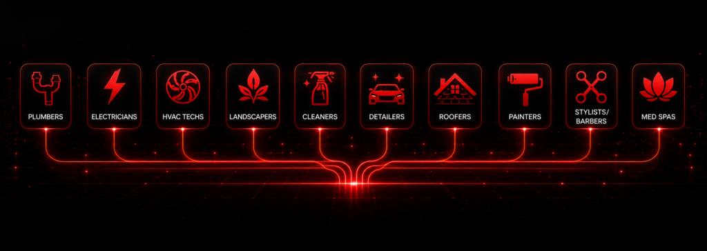 Digital X Rise service industry icon system showing plumbers, electricians, HVAC techs, landscapers, cleaners, detailers, roofers, painters, stylists, barbers, and med spas connected through red signal lines.